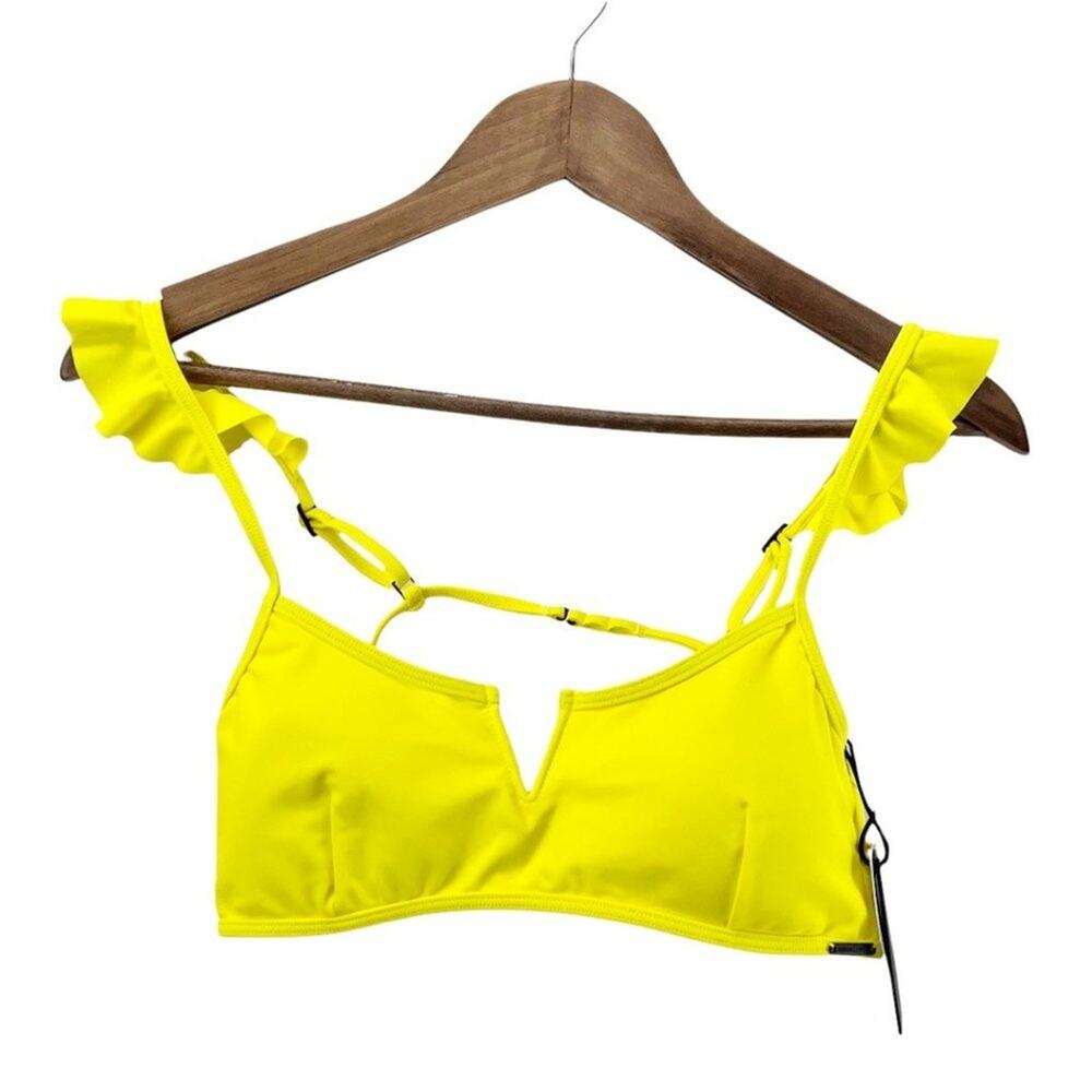 Kendall + Kylie Womens L Flutter Ruffle‎ Bikini Top Neon Yellow Strappy Flirty